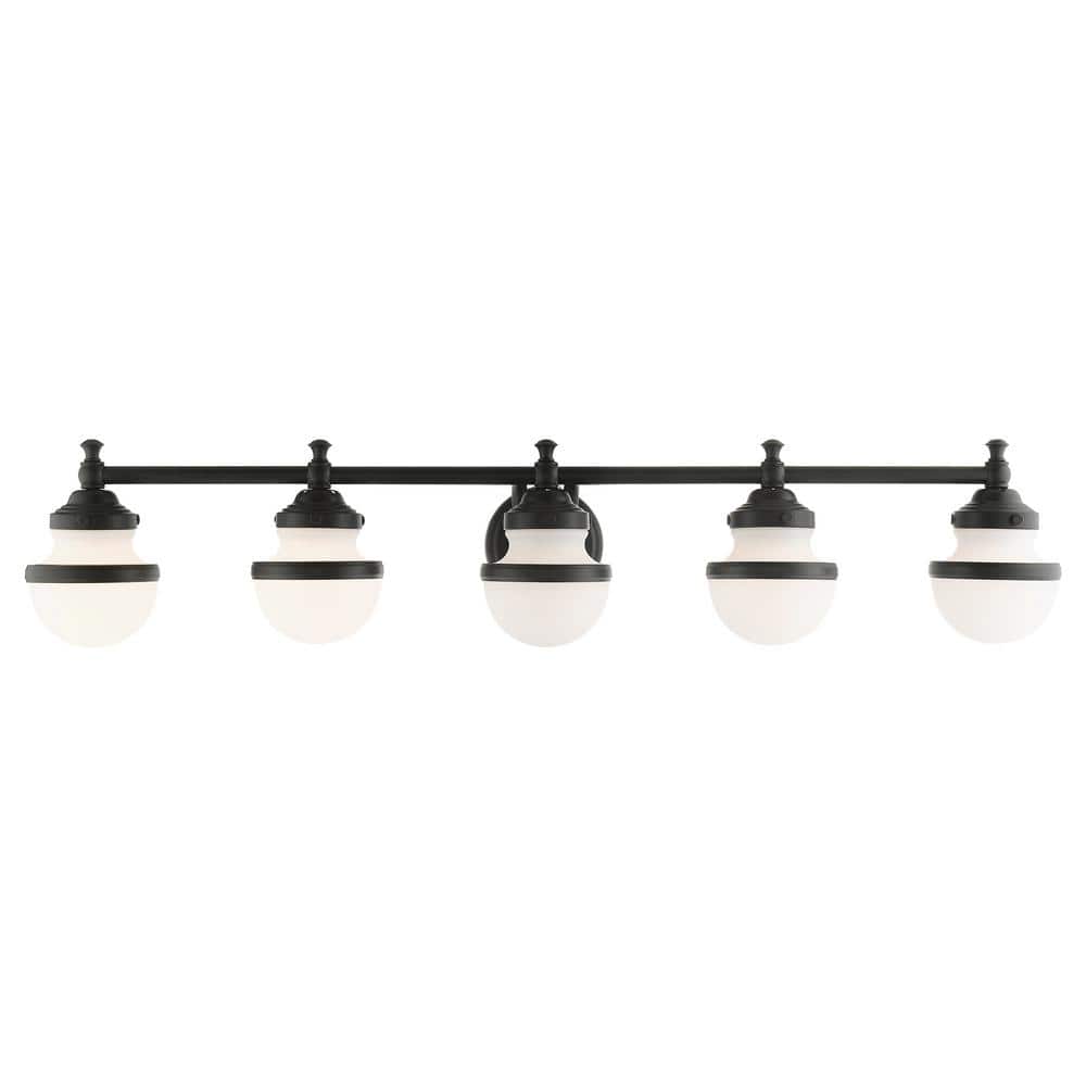 Oldwick Sleek Black 5-Light Vanity Sconce with Satin Opal White Glass