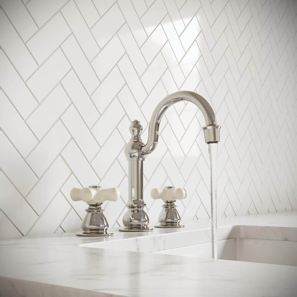 Classic Polished Nickel Widespread Lavatory Faucet with Porcelain Handles