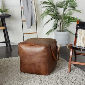 19 in. Brown Canvas with Leather Handles Pouf