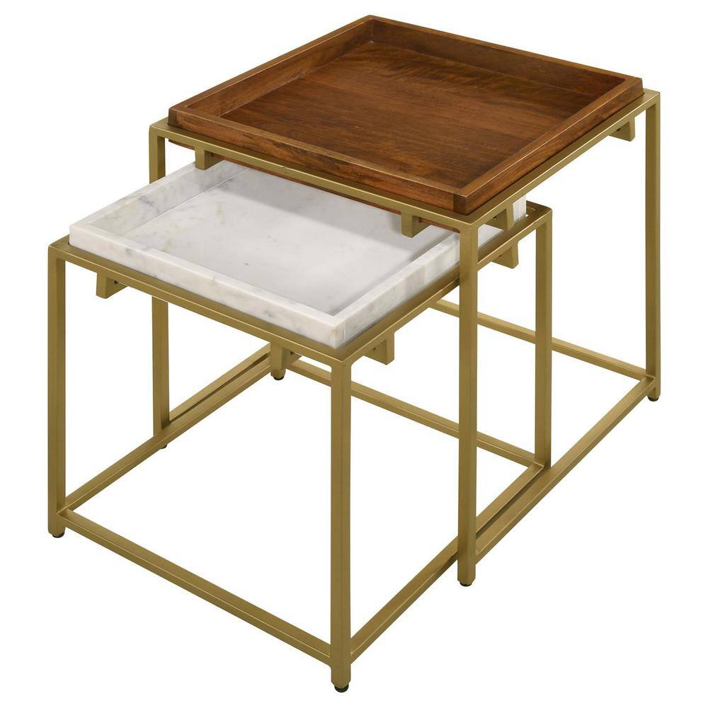 Gold and Brown Mango Wood Square Nesting Tables with Metal Frame