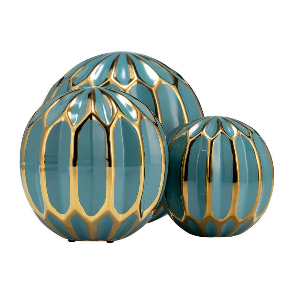 Set of 3 Turquoise and Gold Ceramic Decorative Orbs