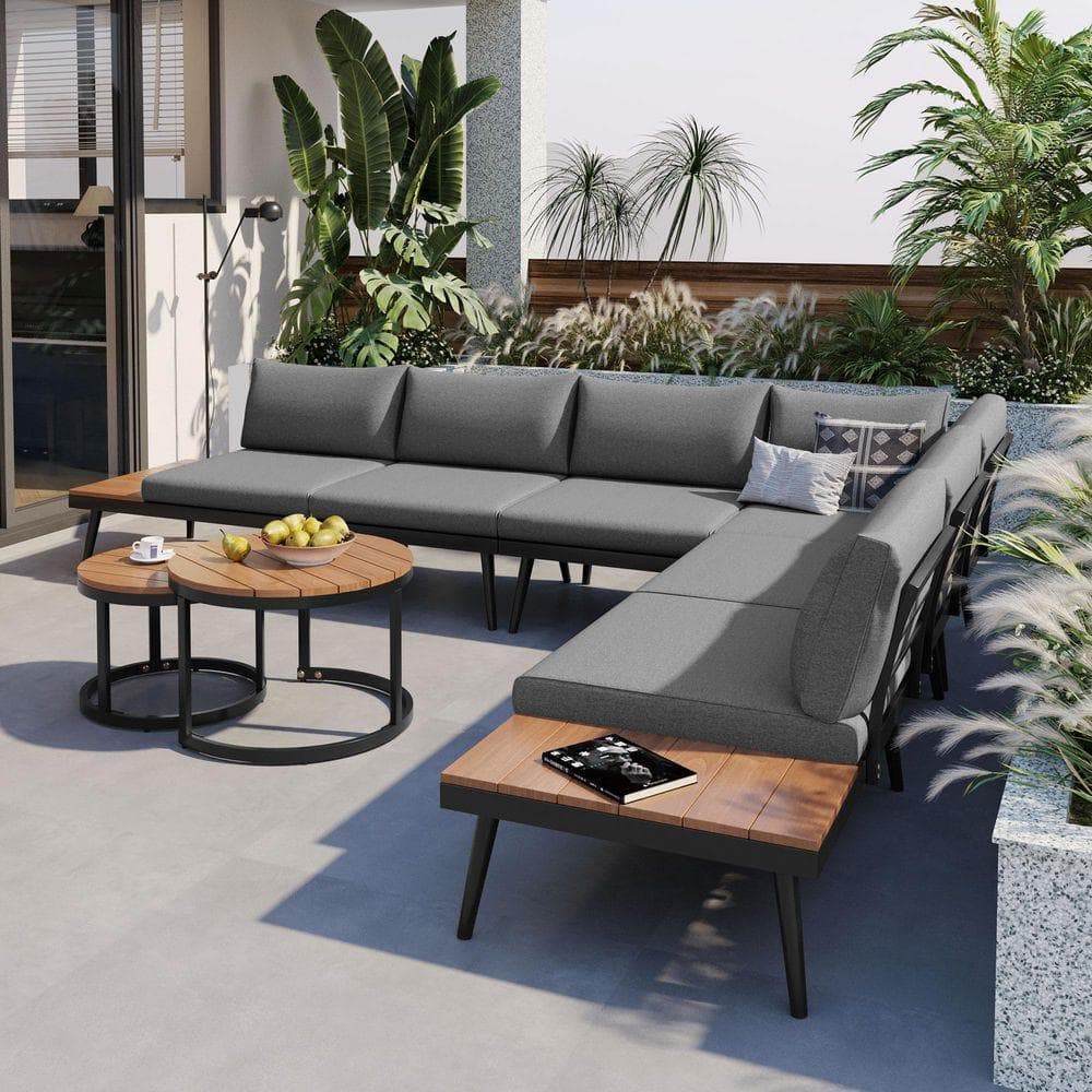6-Piece Metal Patio Conversation Set with Gray Cushions, Round Nesting Coffee Tables