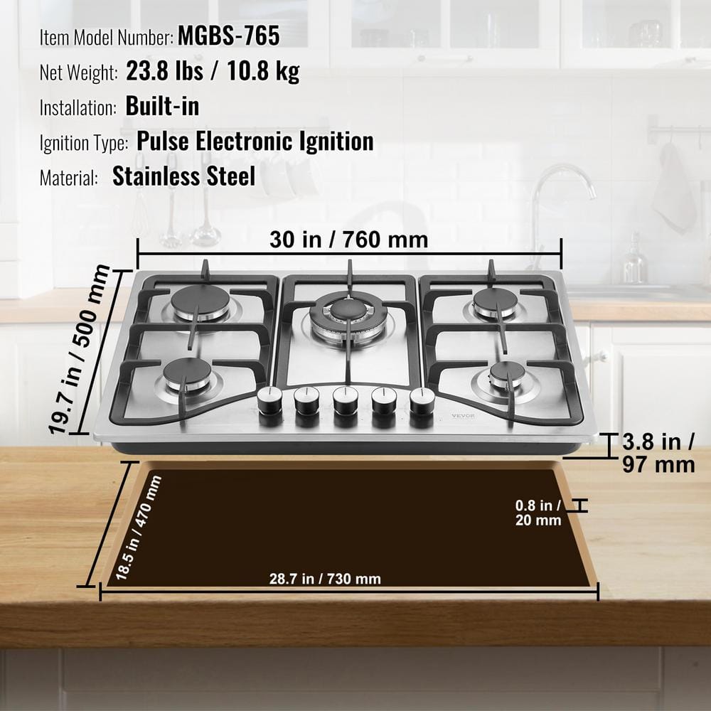 VEVOR 30-inch Stainless Steel 5 Burner Propane Cooktop