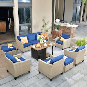 Camellia B Beige 8-Piece Wicker Patio New Style Rectangular Fire Pit Seating Set with Navy Blue Cushions