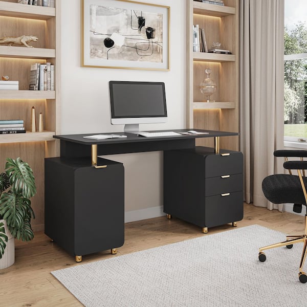 TECHNI MOBILI 56.75 in. Rectangular Black and Gold 3-Drawer Executive Computer Desk with Cabinet