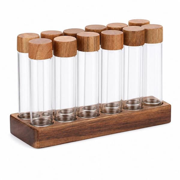 12-Set 2 oz. Single Dose Coffee Bean Storage Tubes with Wooden Stand and Lids, Dosing Glass Vials for Coffee Storage