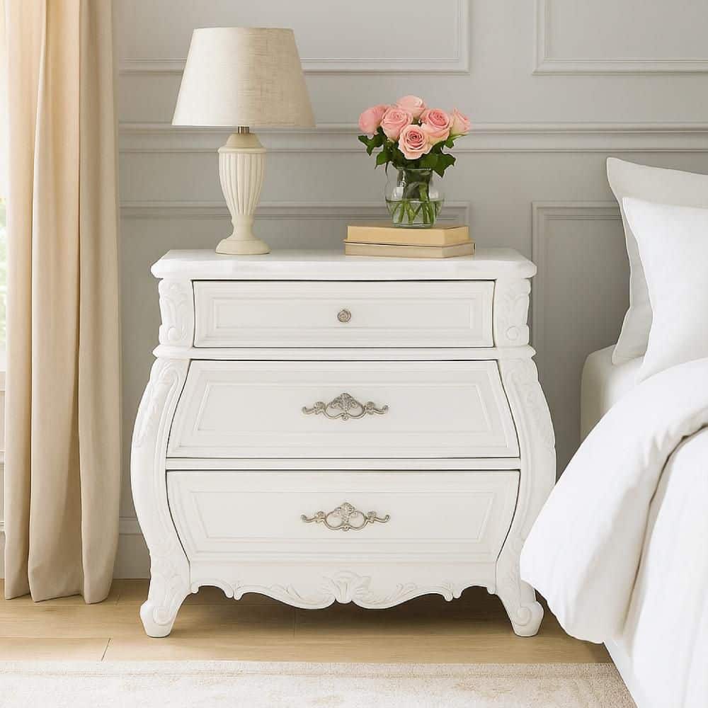 Valena White and Nickel 3-Drawer 17.5 in. W Nightstand