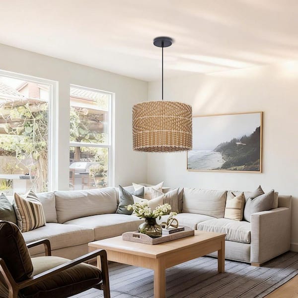 1-Light Natural Brown Hand-Woven Pendant Light with Drum Shape, No Bulbs Included 24 in.