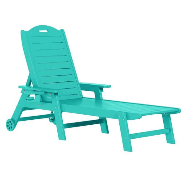 Brighton Outdoor Patio Poly Plastic All Weather Reclining Chaise Lounge Cup Holder Pool Chair w/ Wheels, Turquoise