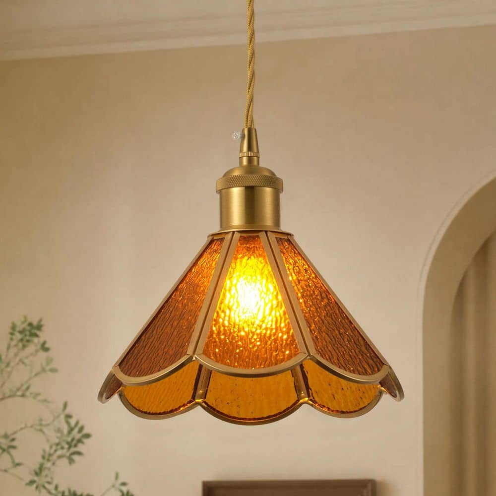 7.87 in. 1‑Light Vintage Lantern Brushed Brass Pendant Light with Water‑Ripple Glass Shade price history on PriceWatchPro