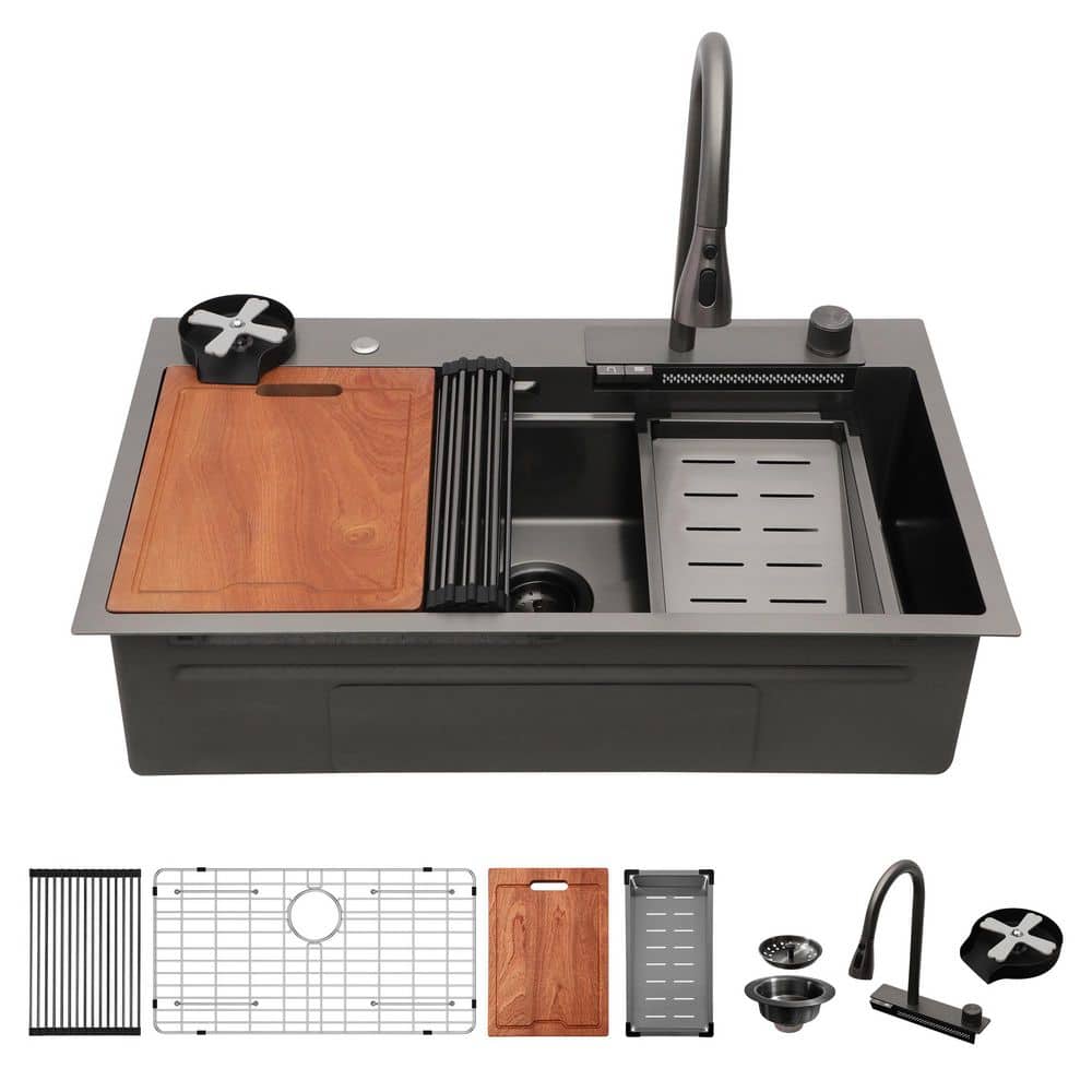 33 in. Drop-In Single Bowl 16-Gauge Gunmetal Black Stainless Steel Kitchen Sink with Pull-Down Faucet and Cup Washer price history on PriceWatchPro