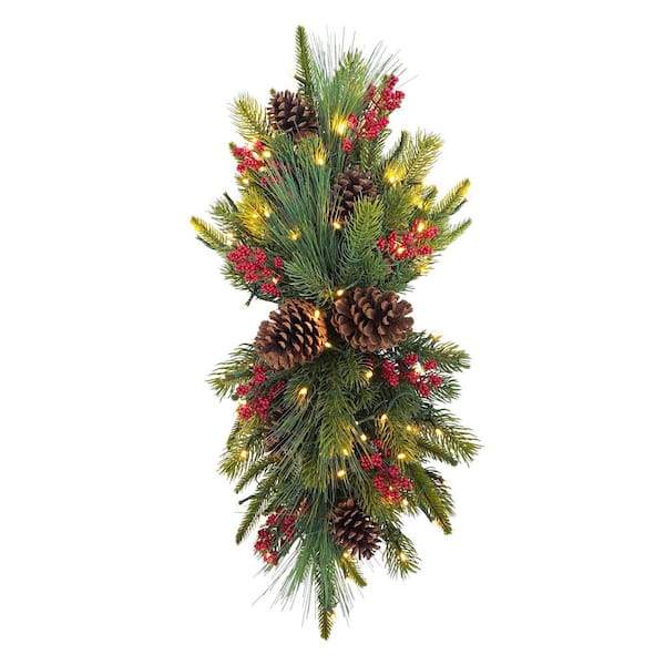 28 in. Pre-Lit Adorned Battery-Operated Artificial Christmas Swag