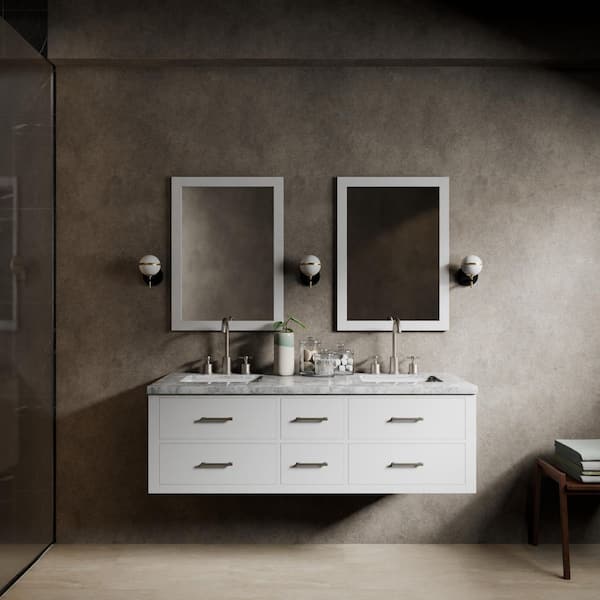 Sherman 60 in W x 22 in D White Double Bath Vanity, Carrara Marble Top, and 28 in Mirrors