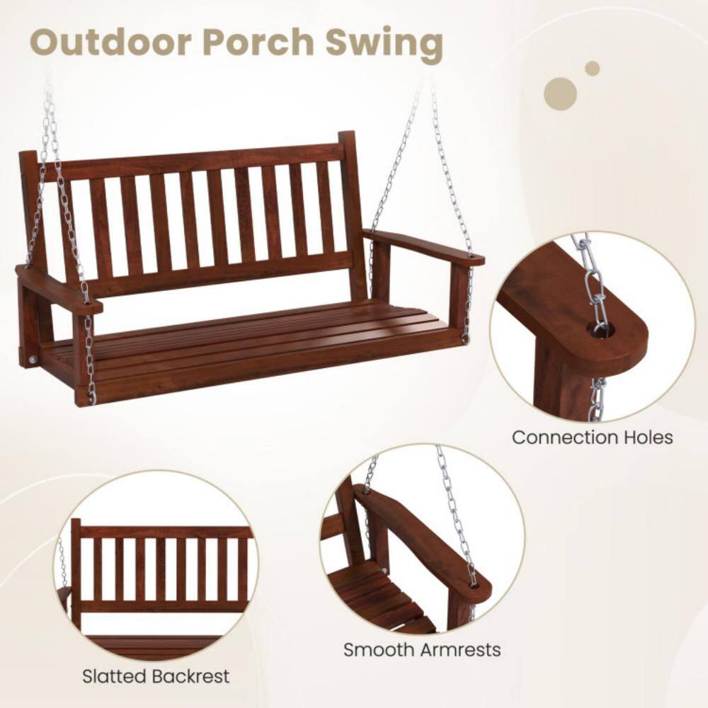 Brown Poplar Wood 3-Person Outdoor Porch Swing with Metal Chains