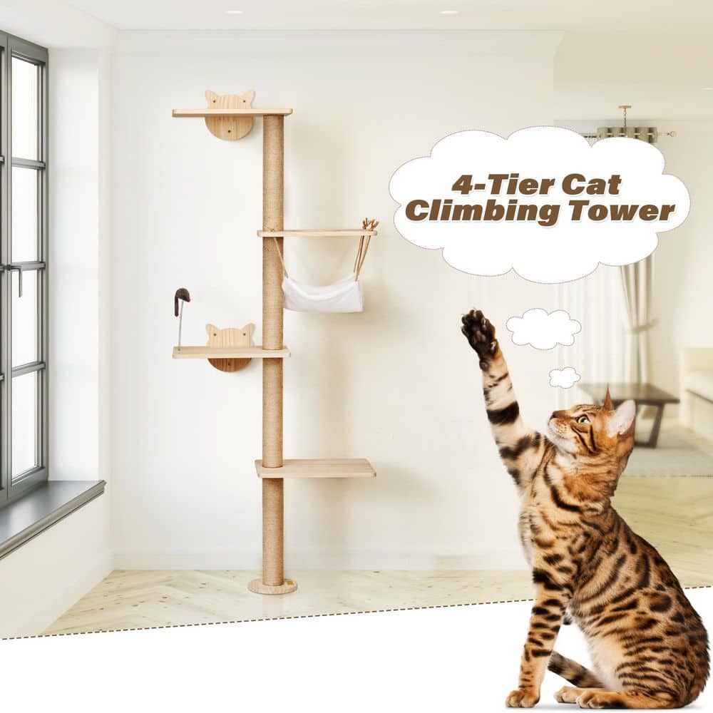 Natural Pinewood Wall-Mounted 4-Tier Cat Tree with Sisal Scratching Post