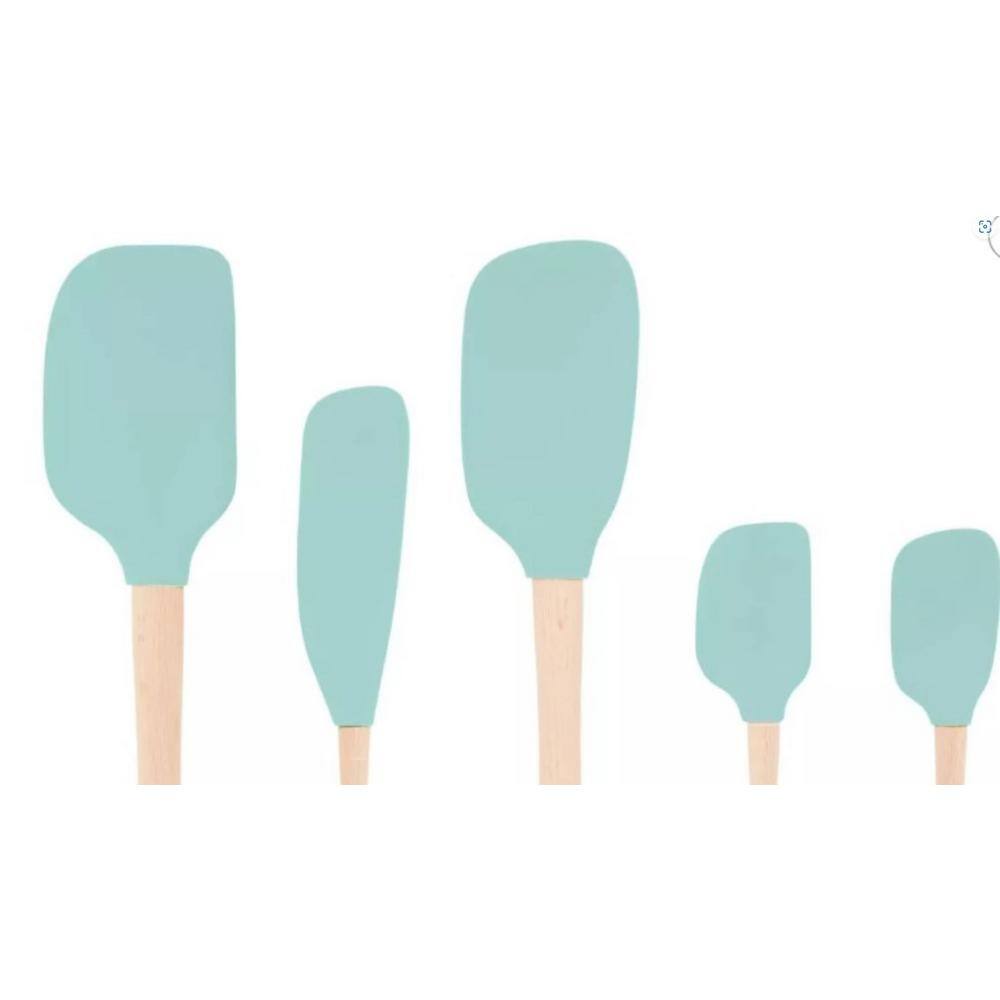 Light Aqua Silicone and Wood Handle Spatula Set of 5
