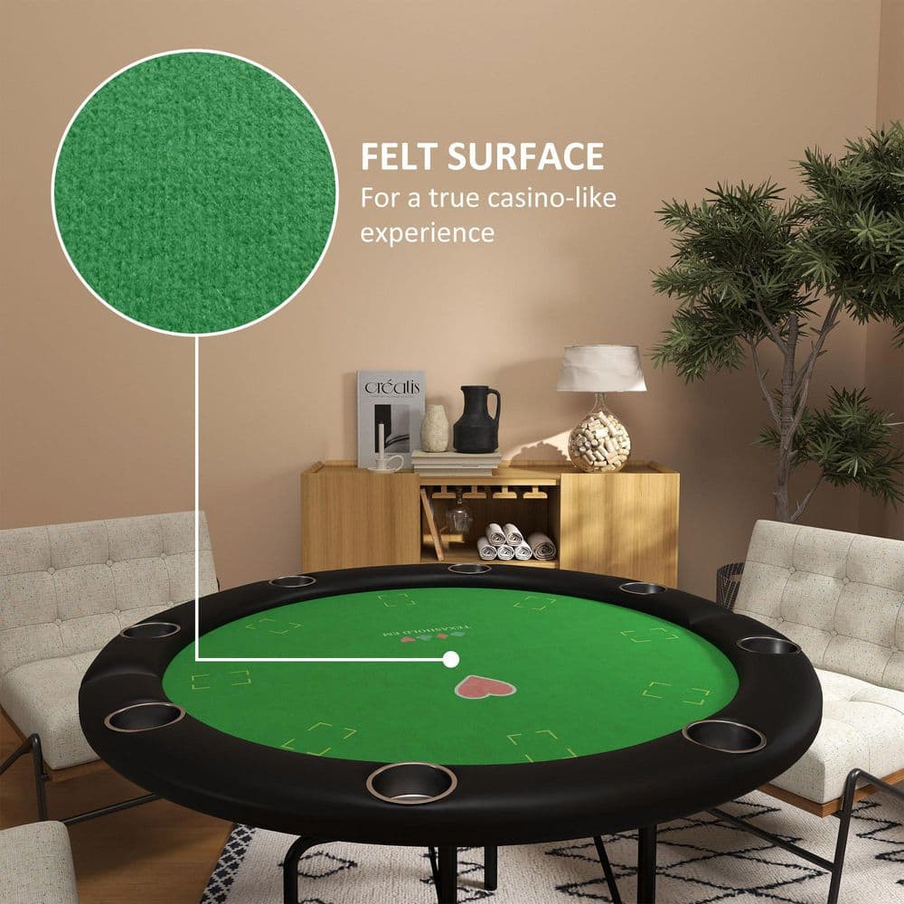 Foldable Round Black and Green Felt Poker Table for 8 Players