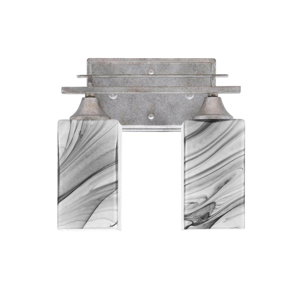 Ontario 11 in. 2-Light Vanity Light Aged Silver Square Onyx Swirl Glass Sha