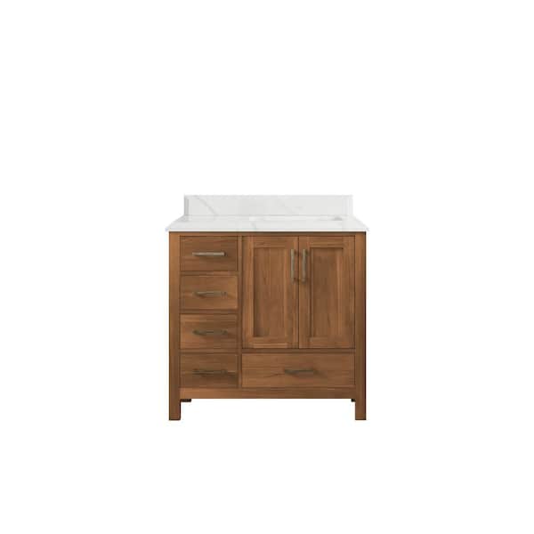 Willow Collections Malibu Teak 36 in. W x 22 in. D x 36 in. H Right Offset Sink Bath Vanity in Gold Teak with 1.5" Calacatta Quartz Top