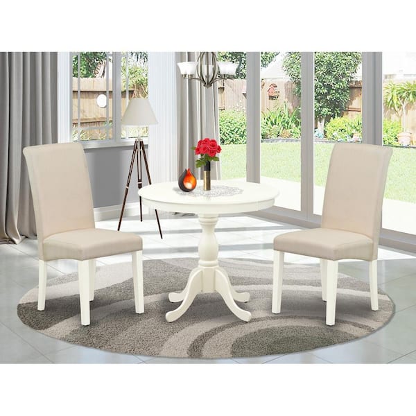 East West Furniture 3-Piece Linen White Finish Solid Wood Top - Dining Room Set with High Back - Seats 4
