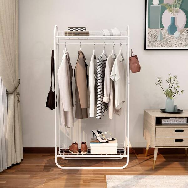 URTR White Clothing Garment Rack with Shelves, Metal Cloth Hanger Rack Stand Clothes Drying Rack for Hanging Clothes