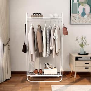White Garment Coat Rack Freestanding Hanger Double Rods 2 Tiers Metal Bedroom Clothing Rack With 4 Hanger Hooks
