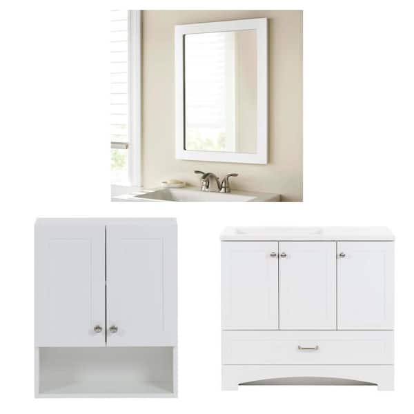 Lancaster 37 in. W Vanity in White and 20 in. White Mirror and 21 in. White Storage Cabinet Combo