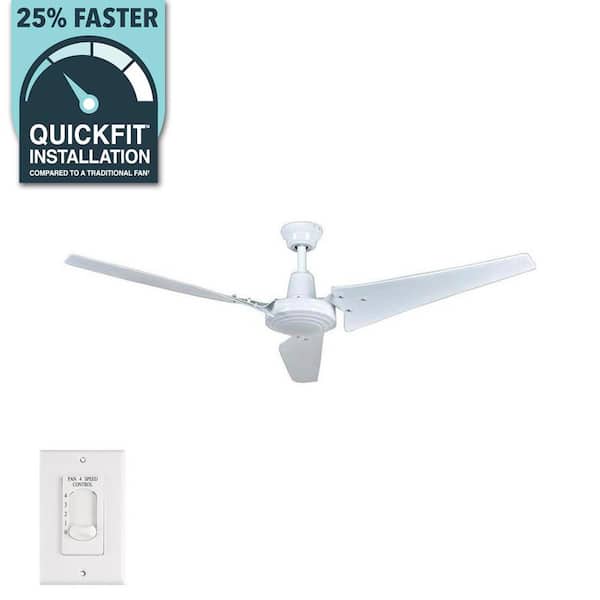 Industrial 60 in. Indoor/Outdoor White Ceiling Fan with Wall Control, Downrod and Powerful Reversible Motor
