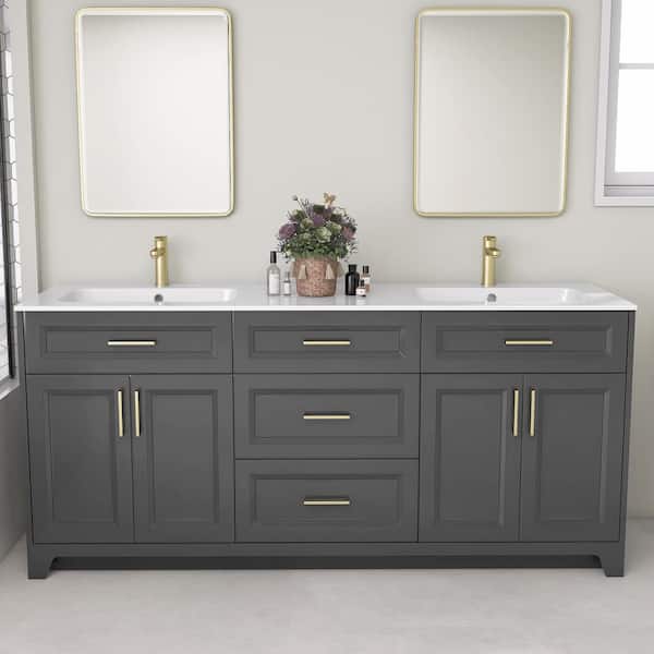 Getpro 72 in. W x 22 in. D x 34 in. H Double Sink Freestanding Bath Vanity Dark Grey with Solid Surface White Top and Basin