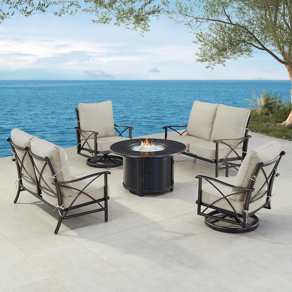 Oakland Living Black 5 Piece Aluminum Patio Fire Pit Table Set with 2 Loveseats and 2 Club Chairs Light Grey Cushions