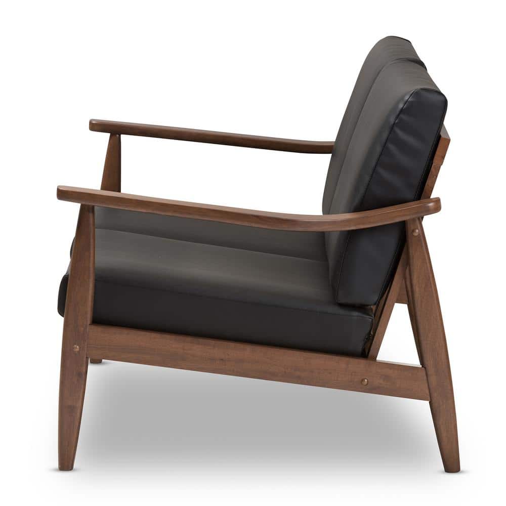 Mid-Century Modern Walnut Wood Black Faux Leather Loveseat