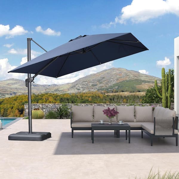 PURPLE LEAF 10 ft. Square Outdoor Patio Cantilever Umbrella Aluminum Offset 360° Rotation Umbrella with Base, Navy Blue