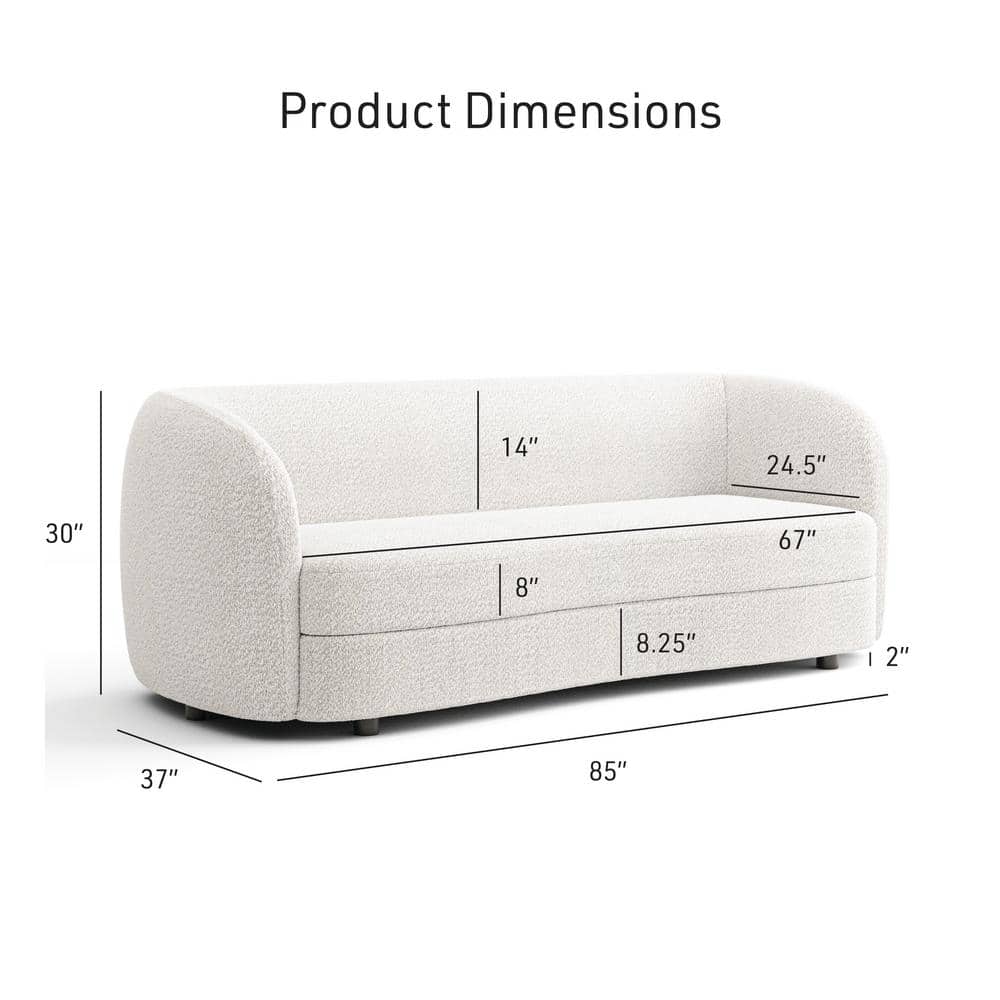 85" Off-White Boucle Fabric Curved Sofa with Wooden Legs