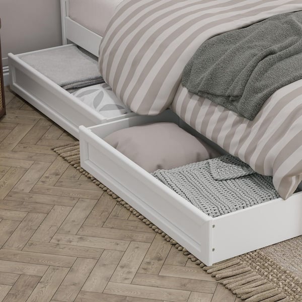 White Mid-Century Modern Solid Wood Queen-King-Twin XL Under Bed Storage Drawers