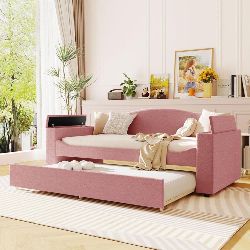 Pink Twin Size Daybed with Storage Armrests, Trundle and Bluetooth Audio System, Teddy Fleece
