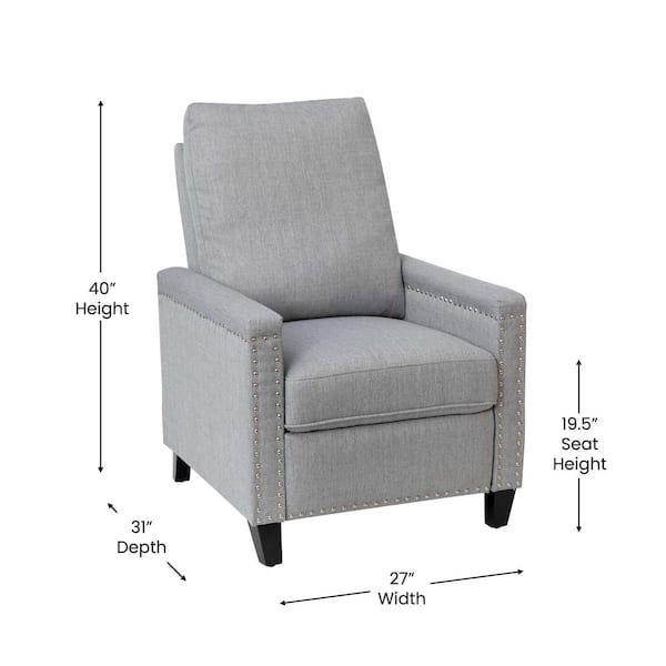 Taylor + Logan 27 in. W Gray Upholstered Transitional Style Pillow Back Recliner with Accent Nail Trim and Pushback Recline, Light Gray