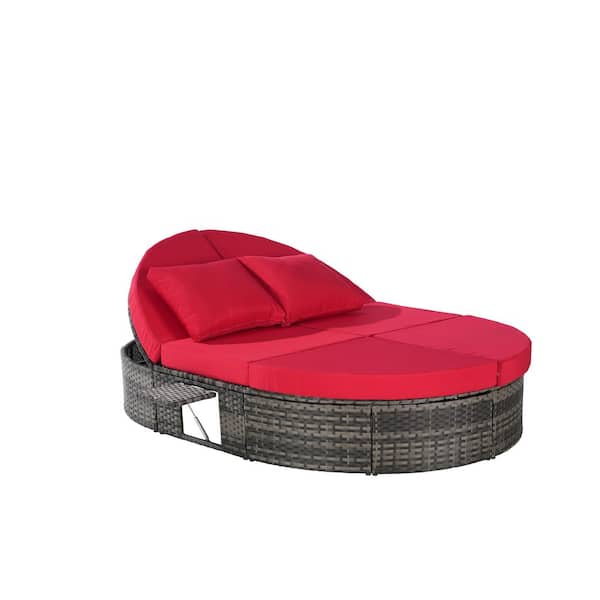 Tenleaf Gray Wicker Outdoor Day Bed with Red Cushions, Pillows, Adjustable Backrests and Foldable Cup Trays
