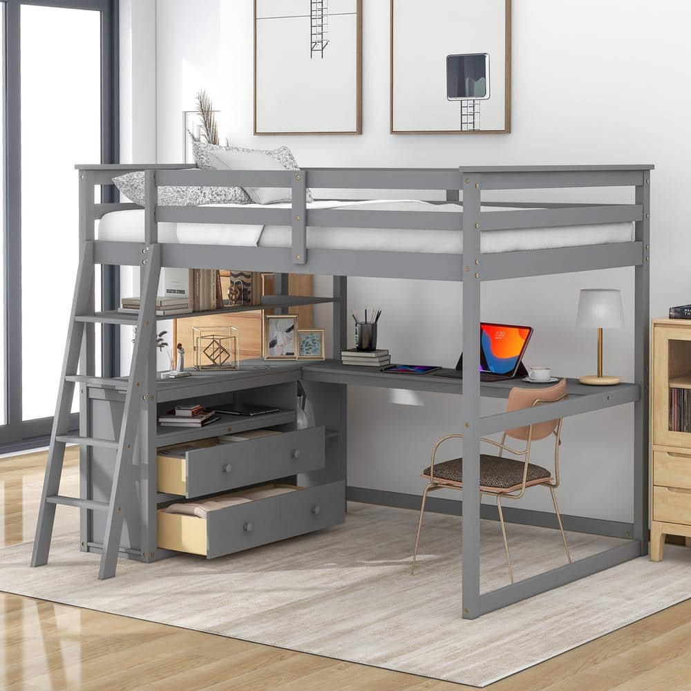 Harper & Bright Designs Gray Full Size Wooden Loft Bed with Built-in ...