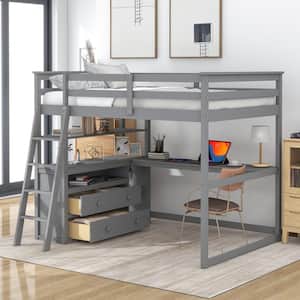Gray Full Size Wooden Loft Bed with Built-in Desk, Shelves and Drawers