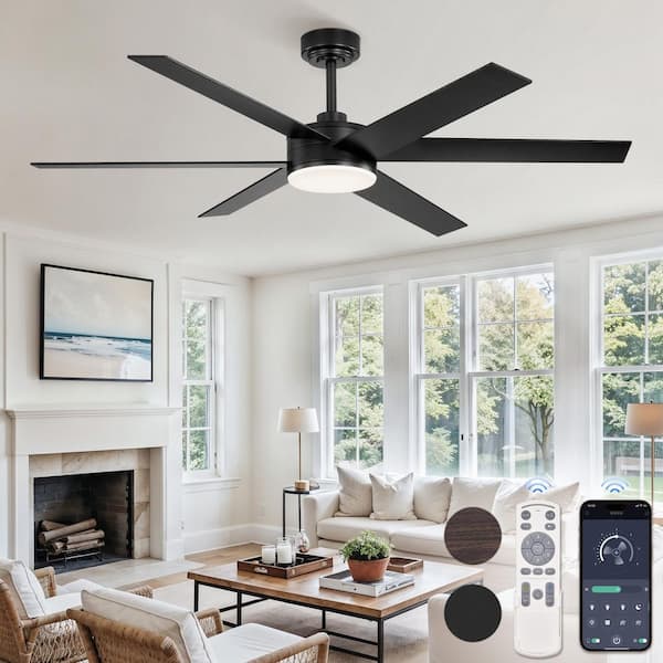 56 in. Outdoor/Indoor Black and Walnut 6 Blades Large Ceiling Fan with Lights and Remote