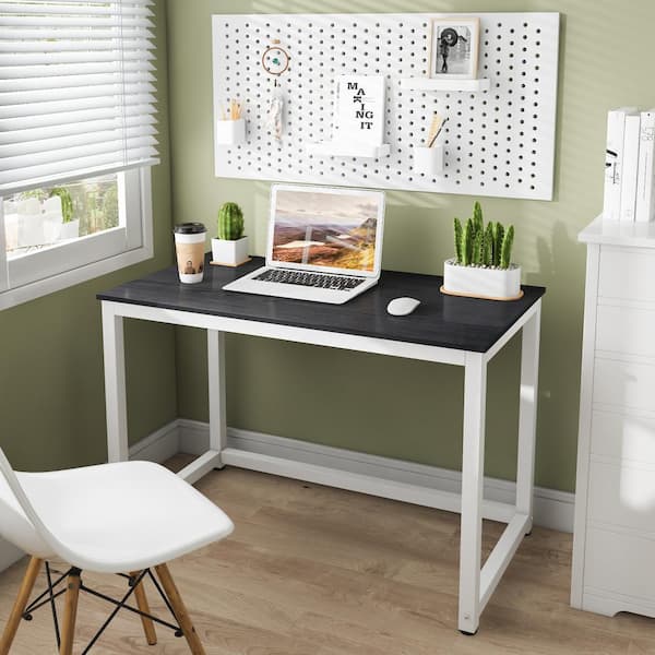 Hoffree 43.3 in. Black Computer Desk Metal Writing Desk Waterproof with Wood Desktop