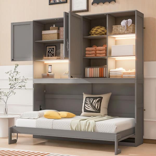 Harper & Bright Designs Gray Wood Frame Twin Wall Murphy Bed with Light, USB Port, Top Cabinet, Shelves