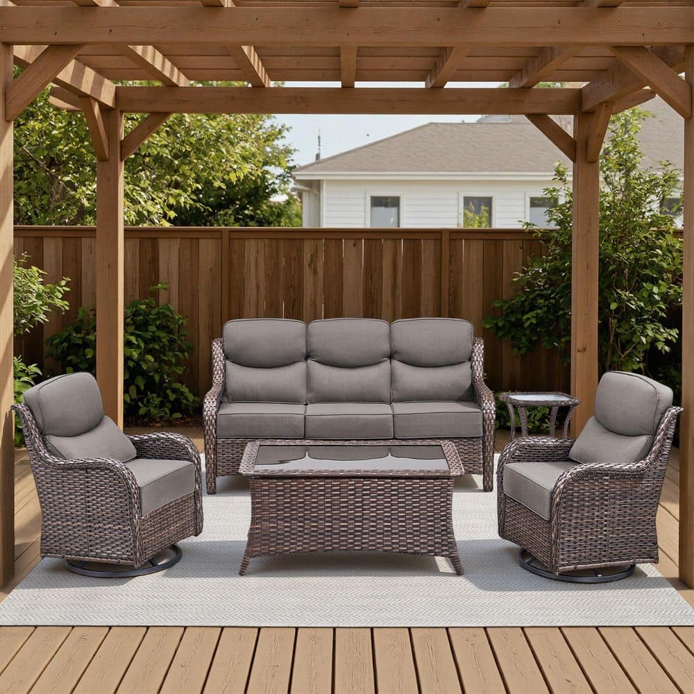 Arcadia Brown 5-Piece Wicker Patio Conversation Set with Coffee Table and 7 in. Thick Olefin Gray Cushions price history on PriceWatchPro