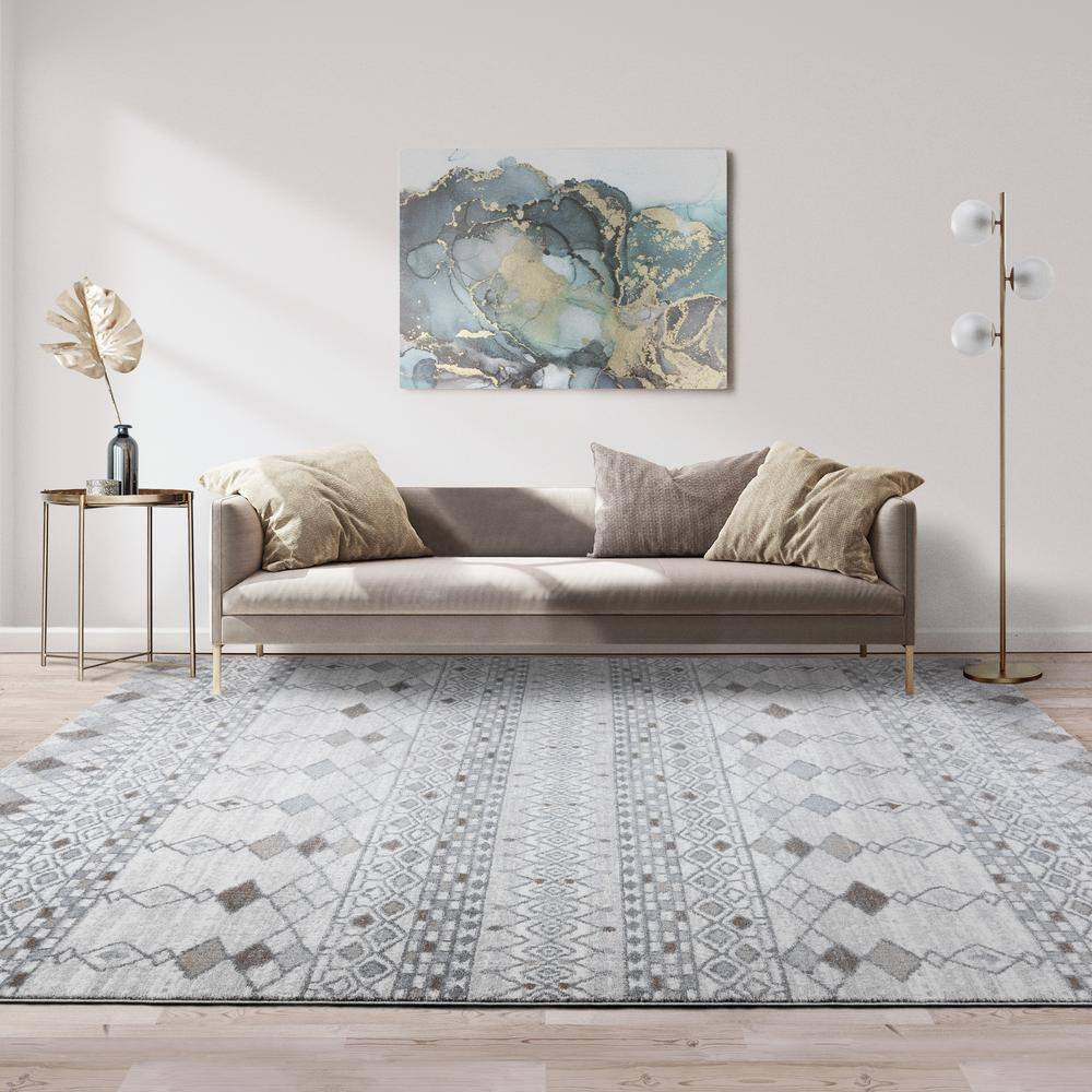 Gray and Beige Geometric Moroccan Polypropylene Area Rug 9' x 12'