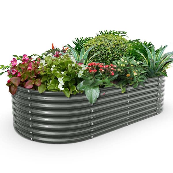 Zeus & Ruta 6x3x2ft Metal Oval Galvanized Raised Garden Bed for Vegetables and Flowers Outdoor in Gray