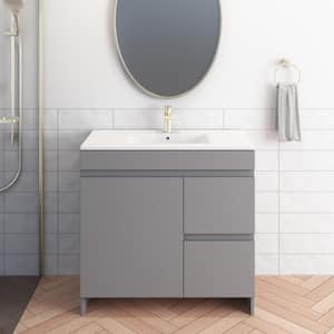 Mace 36 in. W x 18 in. D x 34 in. H Bath Vanity in Grey with White Ceramic Top and Right-Side Drawers