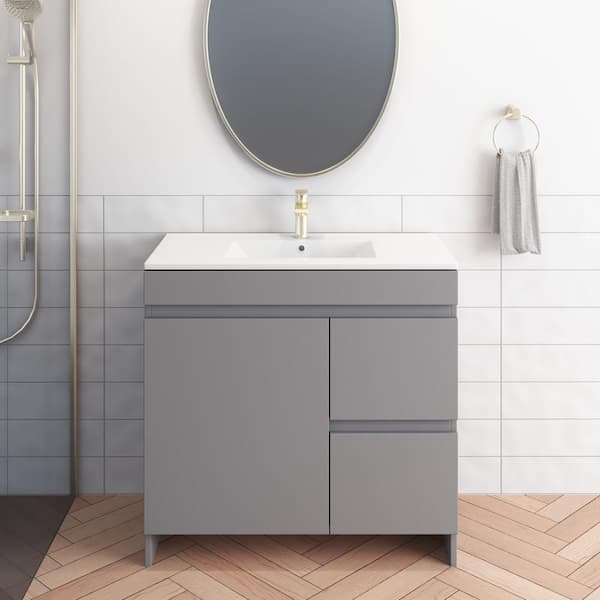 Mace 36 in. W x 18 in. D x 34 in. H Bath Vanity in Grey with White Ceramic Top and Right-Side Drawers