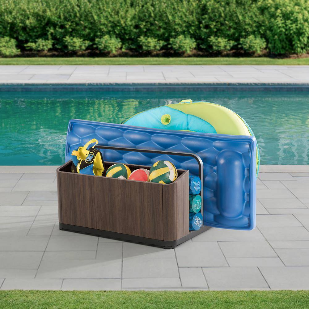 Brown Aluminum Pool Float Storage Basket with Wood Grain Finish