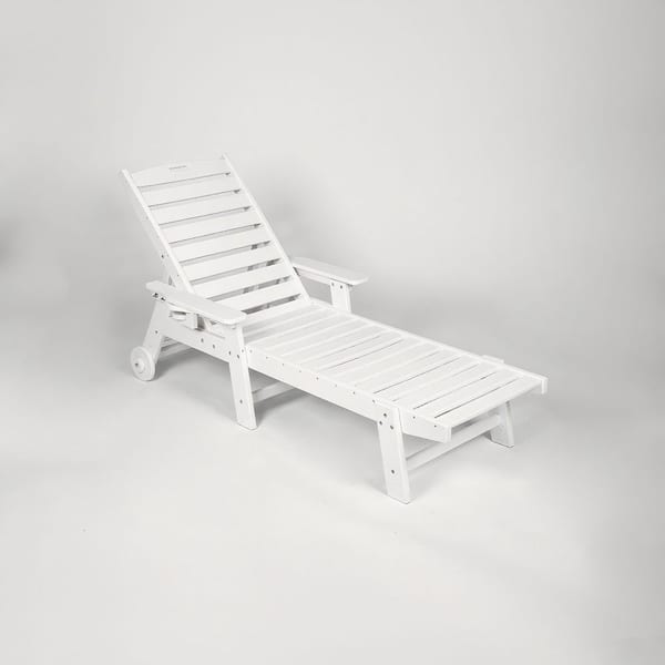 White Reclining HDPE Outdoor Lounge Chair with 5-Positions, Wheels and Cup Holder