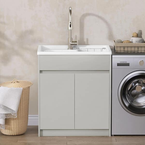 30 in. W x 22 in. D Solid Surface Drop-In Laundry/Utility Sink with Hot & Cold Water Faucet and Light Grey Cabinet